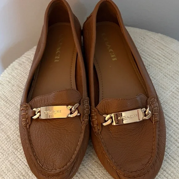 Coach Brown Leather Loafers Gold Logo Hardware Flats - Picture 1 of 5